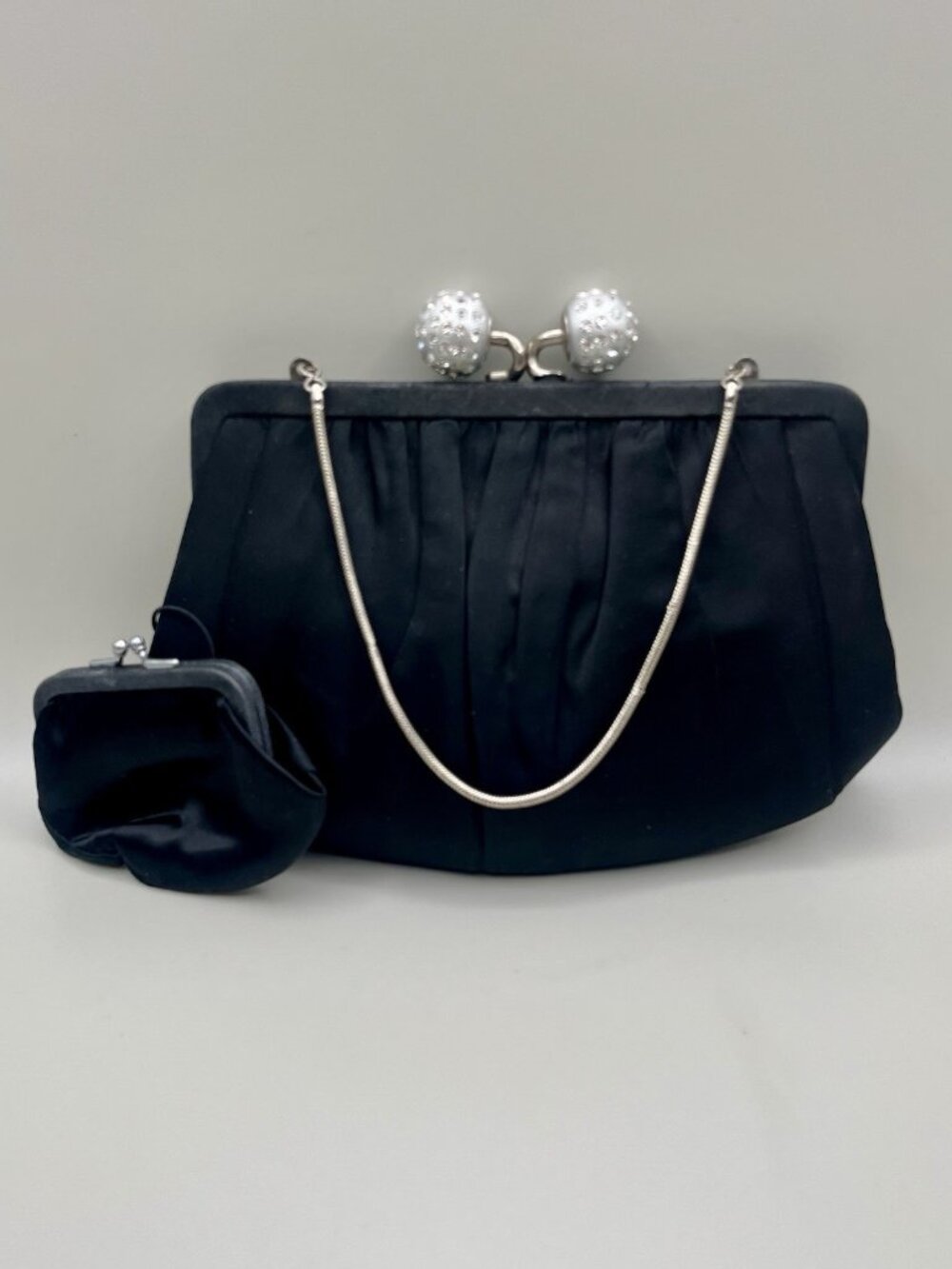 VTG 50s After Five Black Satin Evening Clutch Rhinestone Coin Purse Mid Century